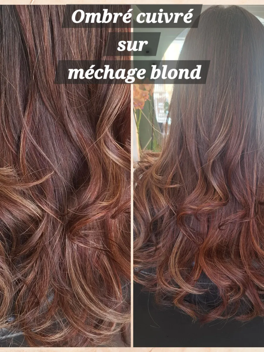 Coloration ombré cuivré sur méchage blond, salon En tête à tête